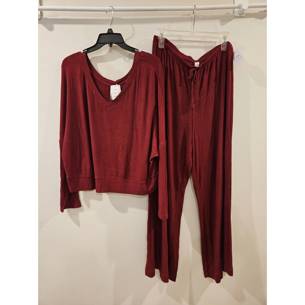 Auden Cozy Ribbed Pajama SET Deep Red Wide Leg Pants Reversible Top NWT Size XL